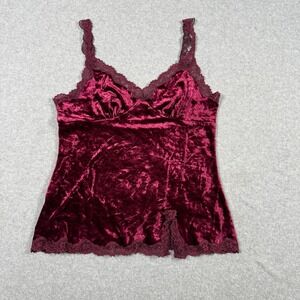 Express Vintage Y2K Womens Crushed Velvet Lace Trim Cami Top Burgundy Size Large
